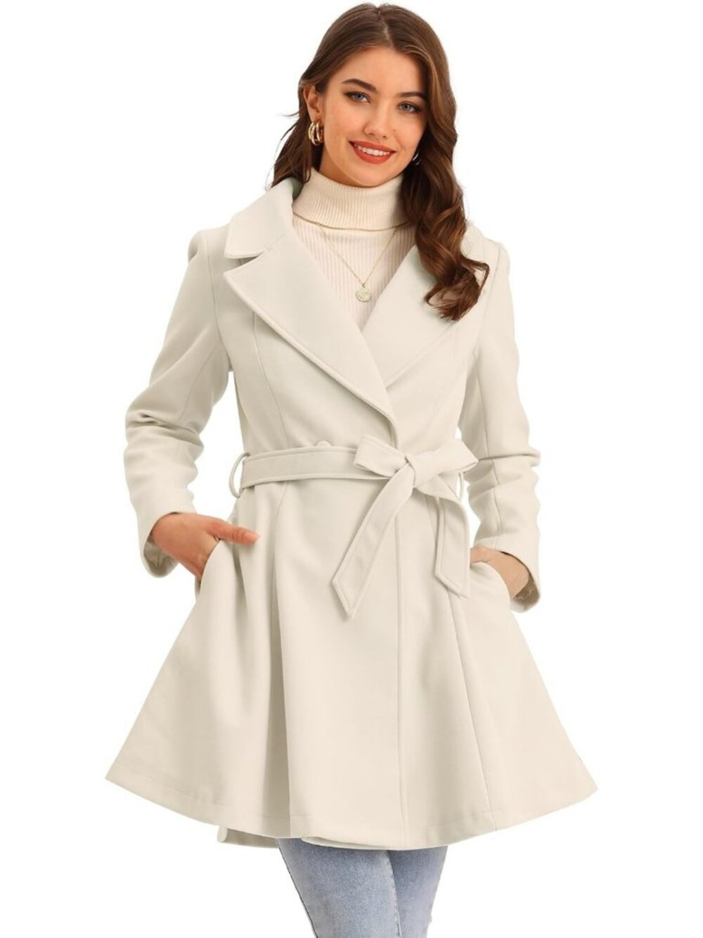 Chic Women's A-Line Winter Coat, Lapel Peacoat with Belt, Stylish Work Overcoat